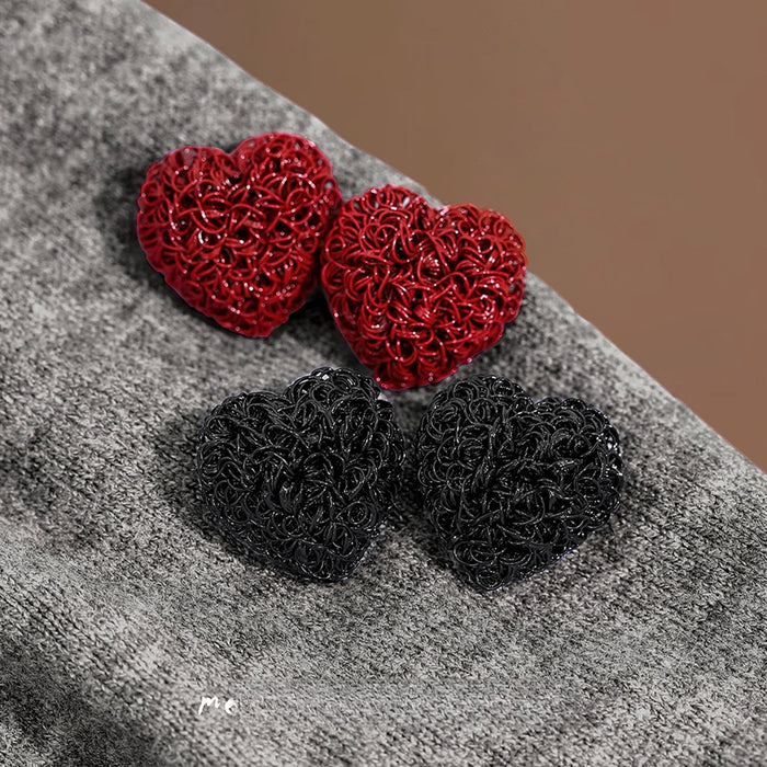 Vintage Hong Kong Style Textured Heart Alloy Studs, Red And Black Minimalist Romantic Earrings