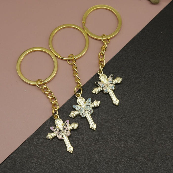 Metal Enamel Butterfly Cross Keychain Religious Bag Charm Gift