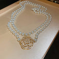 Faux Pearl Rhinestone Hollow Rose Flower Sweater Necklace Light Luxury Clavicle Jewelry For Women view 4