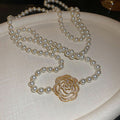 Faux Pearl Rhinestone Hollow Rose Flower Sweater Necklace Light Luxury Clavicle Jewelry For Women view 2