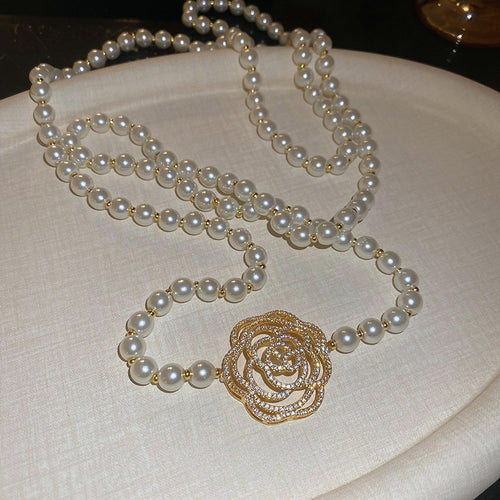 Faux Pearl Rhinestone Hollow Rose Flower Sweater Necklace Light Luxury Clavicle Jewelry For Women