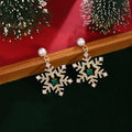 Luxury Christmas Snowflake Pearl Stud Drops With Zircon Rhinestone And Green Crystal Center Earrings view 4