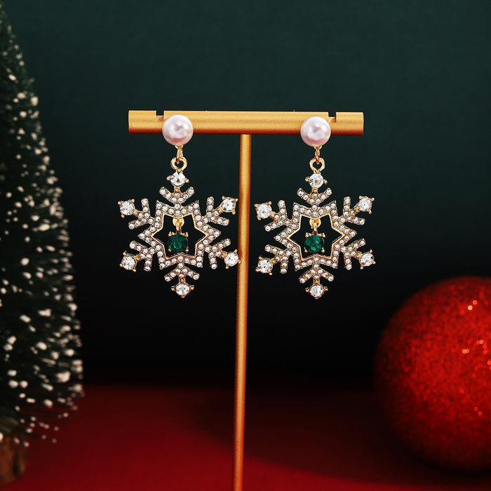 Luxury Christmas Snowflake Pearl Stud Drops With Zircon Rhinestone And Green Crystal Center Earrings
