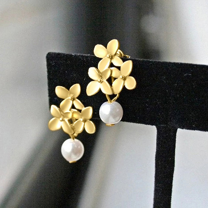 French Lily Flower Stud Earrings For Women, Faux Pearl Geometric Floral Fashion Jewelry