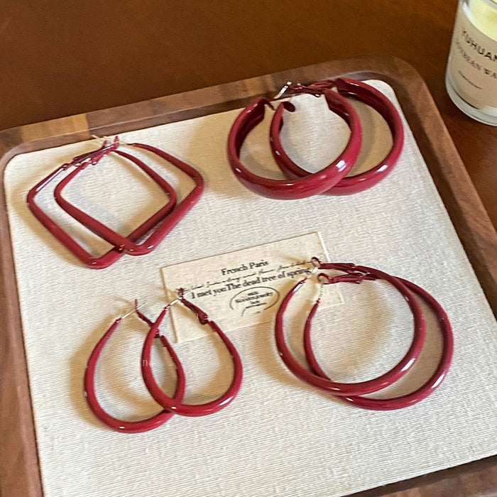 Copper Red Geometric Round Square Hoop Earrings For Women Retro Old Money Statement Style