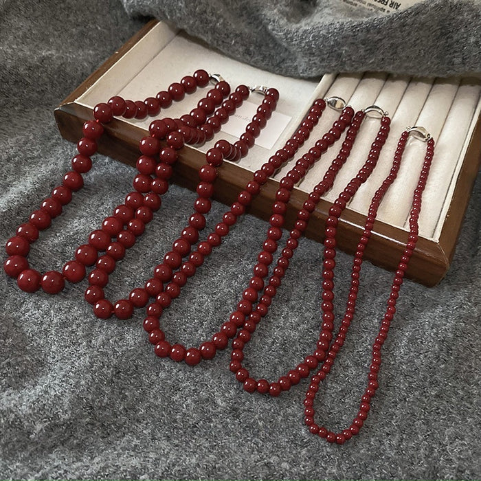 Premium Red Glass Beaded Necklace for Women, Geometric Round Choker Collarbone Jewelry