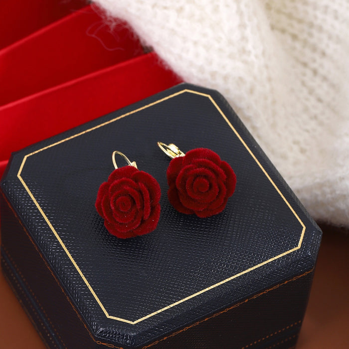 Vintage Luxury Burgundy Flocked Velvet Rose Flower Alloy Leverback Wedding Banquet Dress Earrings