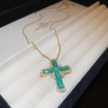 Copper Green Crystal Cross Pendant Sweater Necklace Geometric Fashion Collarbone Chain view 2