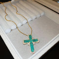 Copper Green Crystal Cross Pendant Sweater Necklace Geometric Fashion Collarbone Chain view 4