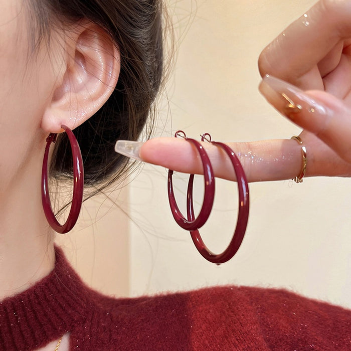 Chic Korean Geometric Iron Hoop Earrings With Red Enamel Drop Oil Accent