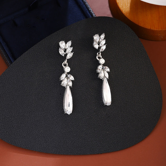 Elegant Luxury Korean Sparkling Wheat Leaf Crystal Rhinestone Teardrop Tassel Drop Earrings