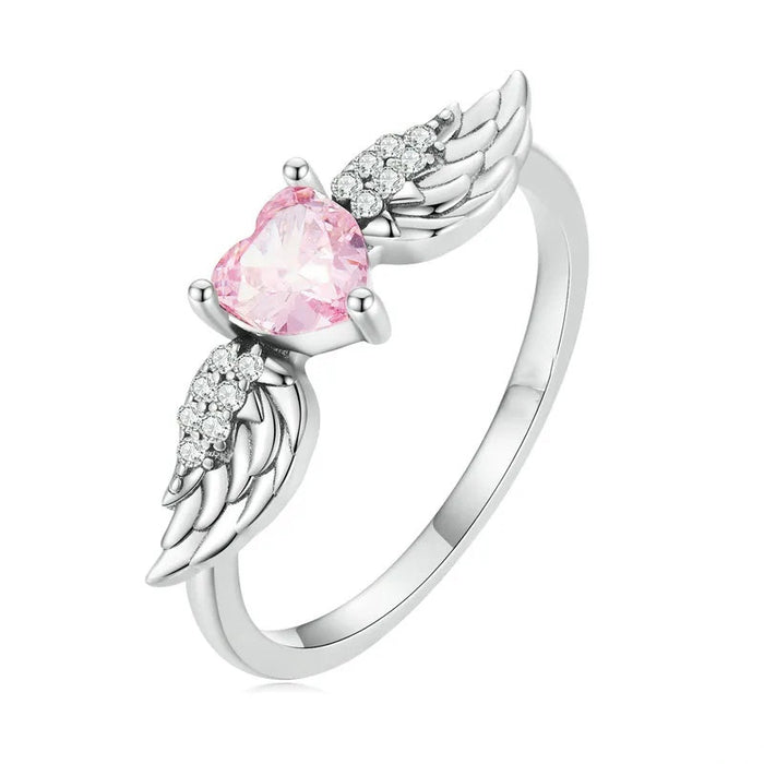 Angel Wing Heart Ring For Women, Pink Heart Sweet Fresh Adjustable Fashion Jewelry