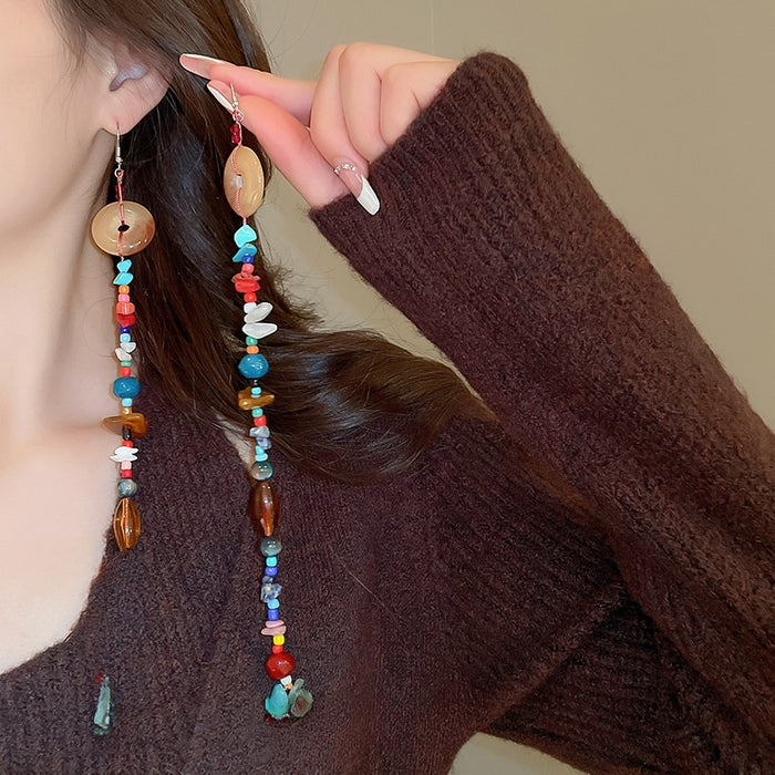 Ethnic Style Irregular Colorful Resin Beaded Extra Long Tassel Drop Earrings With Geometric Round Line Design