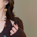 Ethnic Style Irregular Colorful Resin Beaded Extra Long Tassel Drop Earrings With Geometric Round Line Design view 3