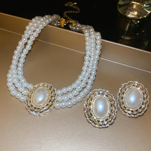 French Faux Pearl Rhinestone Multilayer Necklace Stud Earrings Jewelry Set Vintage Palace Style