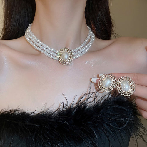 French Faux Pearl Rhinestone Multilayer Necklace Stud Earrings Jewelry Set Vintage Palace Style