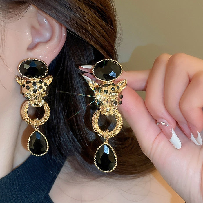 Vintage Chic Alloy Rhinestone Cheetah Hoop Drop Earrings With Silver Pins