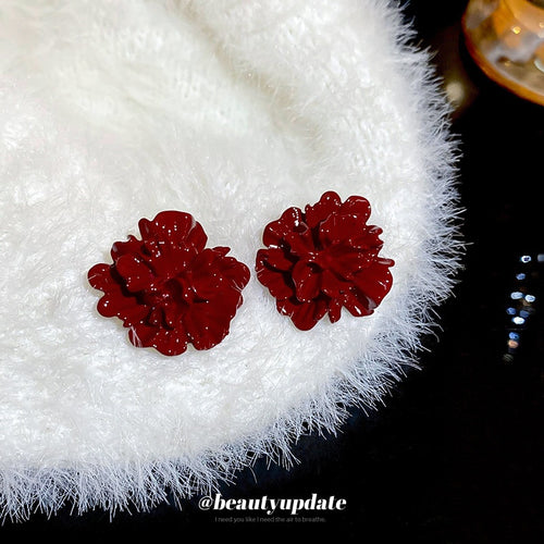 Red Resin Pleated Flower Stud Earrings Simple Modern Floral Silver Needle Vintage Style Jewelry
