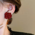 Red Resin Pleated Flower Stud Earrings Simple Modern Floral Silver Needle Vintage Style Jewelry view 3