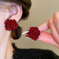 Red Resin Pleated Flower Stud Earrings Simple Modern Floral Silver Needle Vintage Style Jewelry view 1