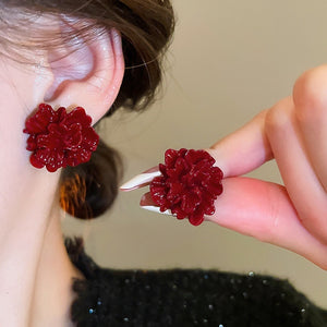 Red Resin Pleated Flower Stud Earrings Simple Modern Floral Silver Needle Vintage Style Jewelry