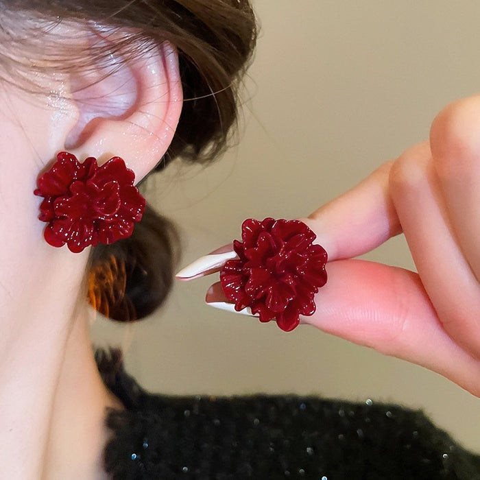 Red Resin Pleated Flower Stud Earrings Simple Modern Floral Silver Needle Vintage Style Jewelry