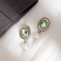 Elegant French Vintage Oval Green Crystal Alloy Baroque Pearl Drop Dangle Women Earrings view 3