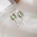 Elegant French Vintage Oval Green Crystal Alloy Baroque Pearl Drop Dangle Women Earrings view 2