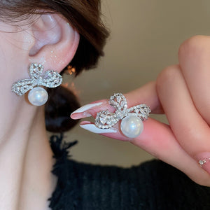 French Light Luxury Copper Bow Stud Earrings With Zircon Pearl Full Rhinestone Design