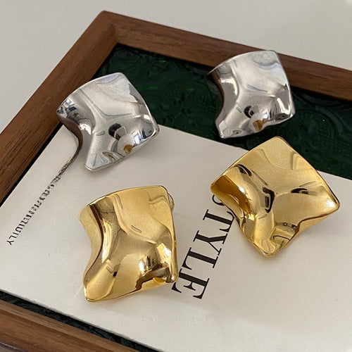 Gold Plated Copper Irregular Twisted Wave Geometric Stud Earrings With Silver Pins Minimalist Style