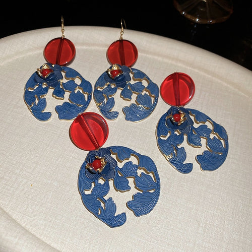 Red Blue Contrast Painted Resin Flower Stud Earrings Vintage Hong Kong Style Elegant Jewelry