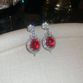 Copper Red Rhinestone Oval Flower Stud Earrings With Silver Pins Light Luxury European Style view 4