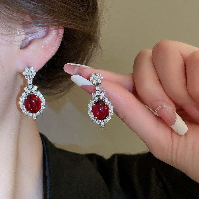 Copper Red Rhinestone Oval Flower Stud Earrings With Silver Pins Light Luxury European Style