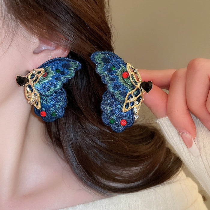 Alloy Asymmetrical Colorful Woven Rhinestone Butterfly Stud Earrings Sweet Feminine Jewelry