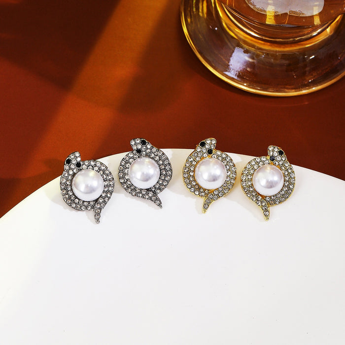 Luxury Full Rhinestone Snake Wrap Pearl Stud Earrings, Creative Alloy Crystal Statement Earrings