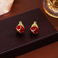 French Vintage Red Enamel Four-Point Star Gold Tone Alloy Huggie Hoop Luxury Basket Bag Earrings view 4
