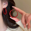 Chic Red Geometric Iron Hoop Earrings With Silver Post Retro Hong Kong Style Statement Jewelry view 4