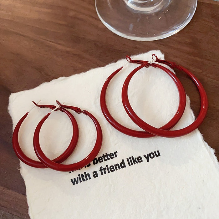 Chic Red Geometric Iron Hoop Earrings With Silver Post Retro Hong Kong Style Statement Jewelry