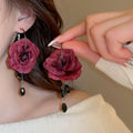Glass Red Rose Flower Tassel Drop Earrings With Silver Pins, Sweet Princess Style view 1
