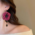 Glass Red Rose Flower Tassel Drop Earrings With Silver Pins, Sweet Princess Style view 3