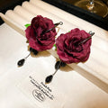 Glass Red Rose Flower Tassel Drop Earrings With Silver Pins, Sweet Princess Style view 2