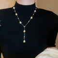 Real Gold Plated Pearl Beaded Sweater Necklace French Light Luxury Round Glass Geometric Jewelry view 3