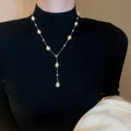 Real Gold Plated Pearl Beaded Sweater Necklace French Light Luxury Round Glass Geometric Jewelry view 4