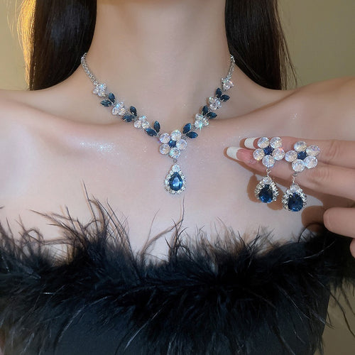 Copper Cubic Zirconia Flower Leaf Earrings And Necklace Jewelry Set, French Light Luxury Collarbone Chain
