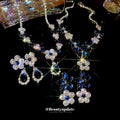 Copper Cubic Zirconia Flower Leaf Earrings And Necklace Jewelry Set, French Light Luxury Collarbone Chain view 3