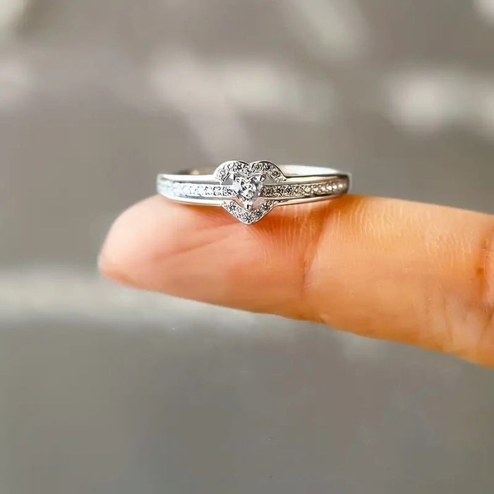 Gentle Double Peach Heart Ring For Women, Inlaid Zircon Sweet Delicate Daily Finger Jewelry
