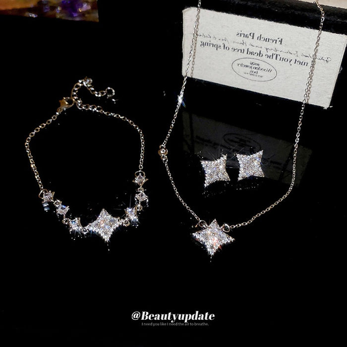 Sparkly Silver Star Copper Jewelry Set With Stud Earrings Bracelet And Necklace