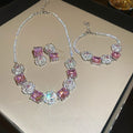 Light Luxury Copper Zircon Flower Square Bracelet Necklace Earring Jewelry Set view 3