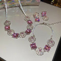 Light Luxury Copper Zircon Flower Square Bracelet Necklace Earring Jewelry Set view 1