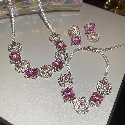 Light Luxury Copper Zircon Flower Square Bracelet Necklace Earring Jewelry Set
